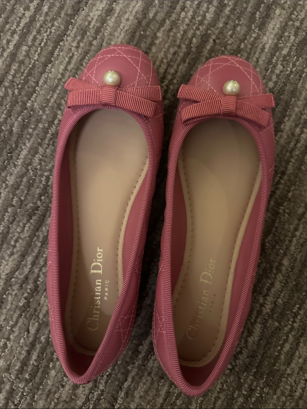 Dior Rose Pink Quilted Ballet Flats with Bow & Pearl